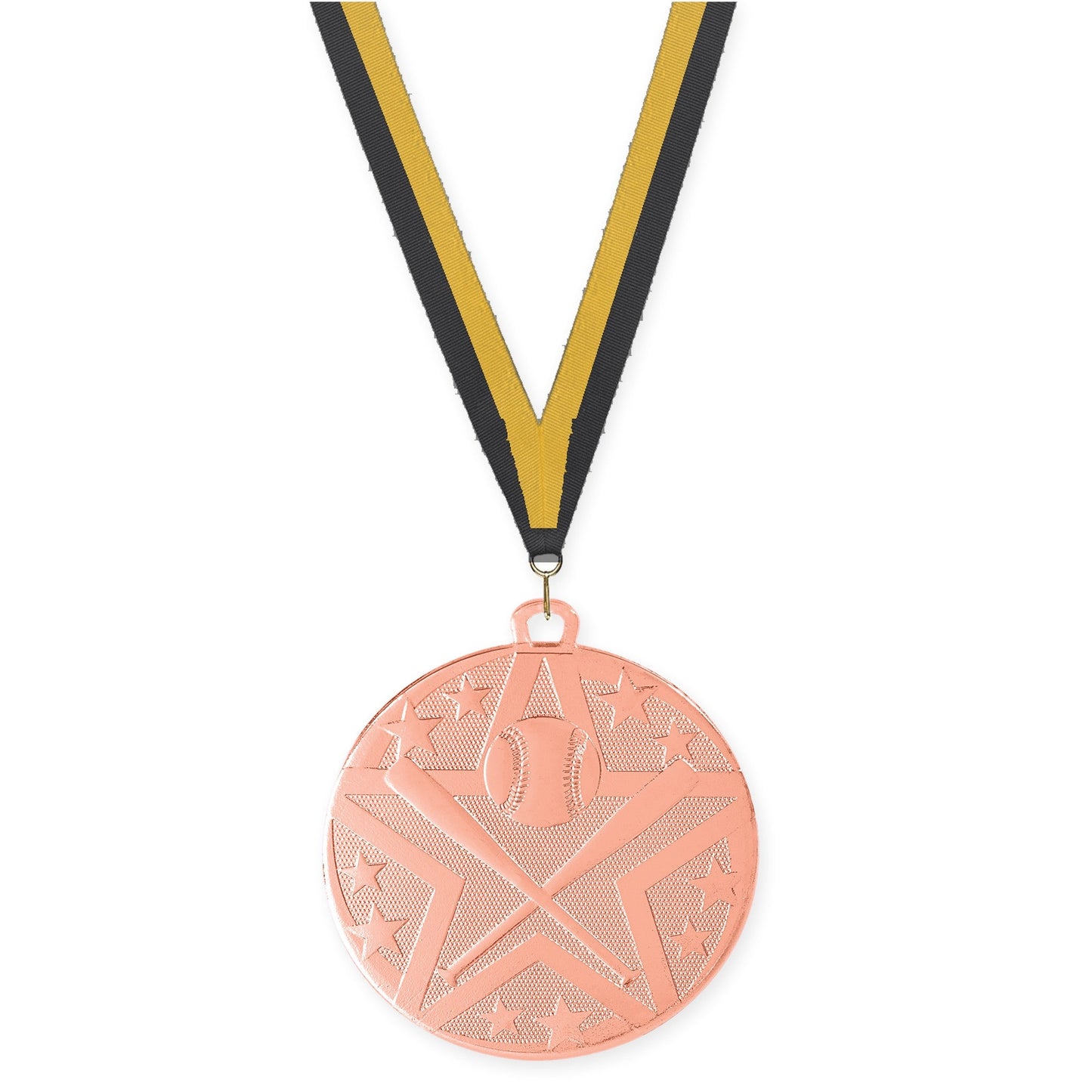 2 inch baseball and softball Superstar medal in bronze with Black Gold neck ribbon