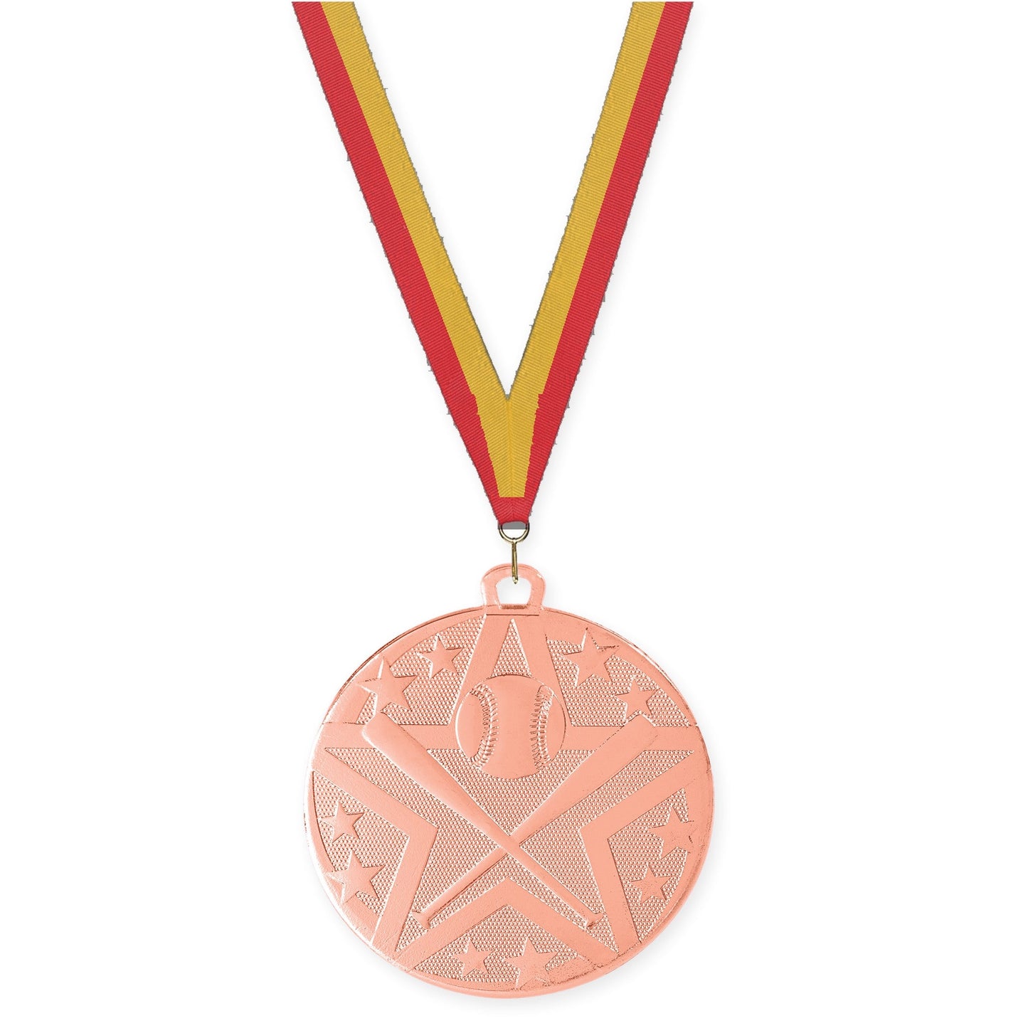 2 inch baseball and softball Superstar medal in bronze with Red Gold neck ribbon