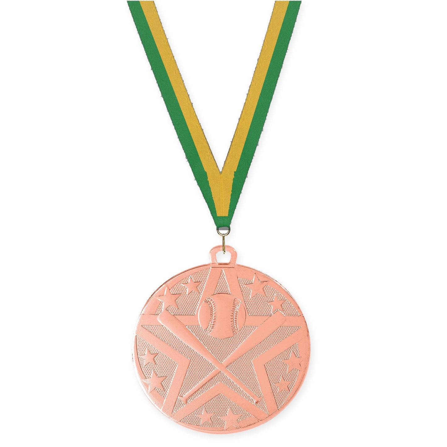 2 inch baseball and softball Superstar medal in bronze with Green Gold neck ribbon
