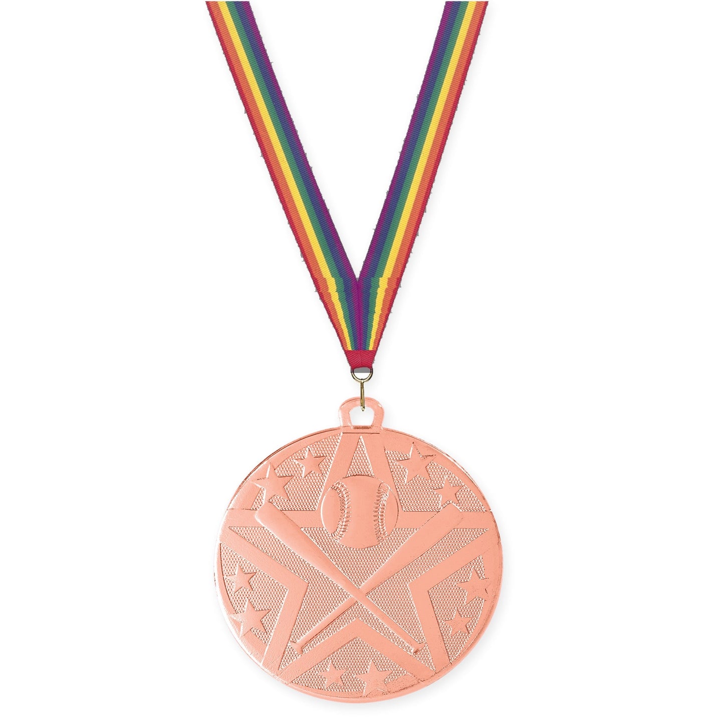 2 inch baseball and softball Superstar medal in bronze with Rainbow neck ribbon