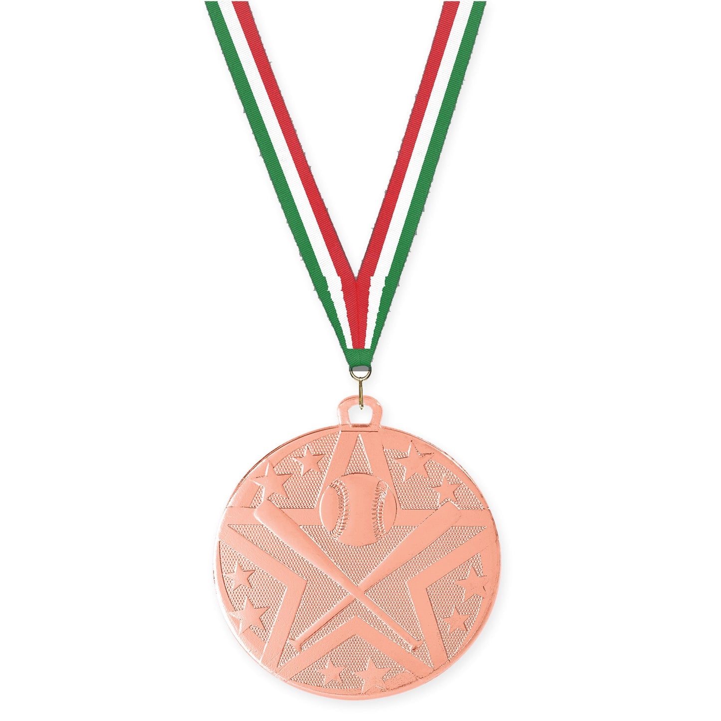 2 inch baseball and softball Superstar medal in bronze with Green White Red neck ribbon