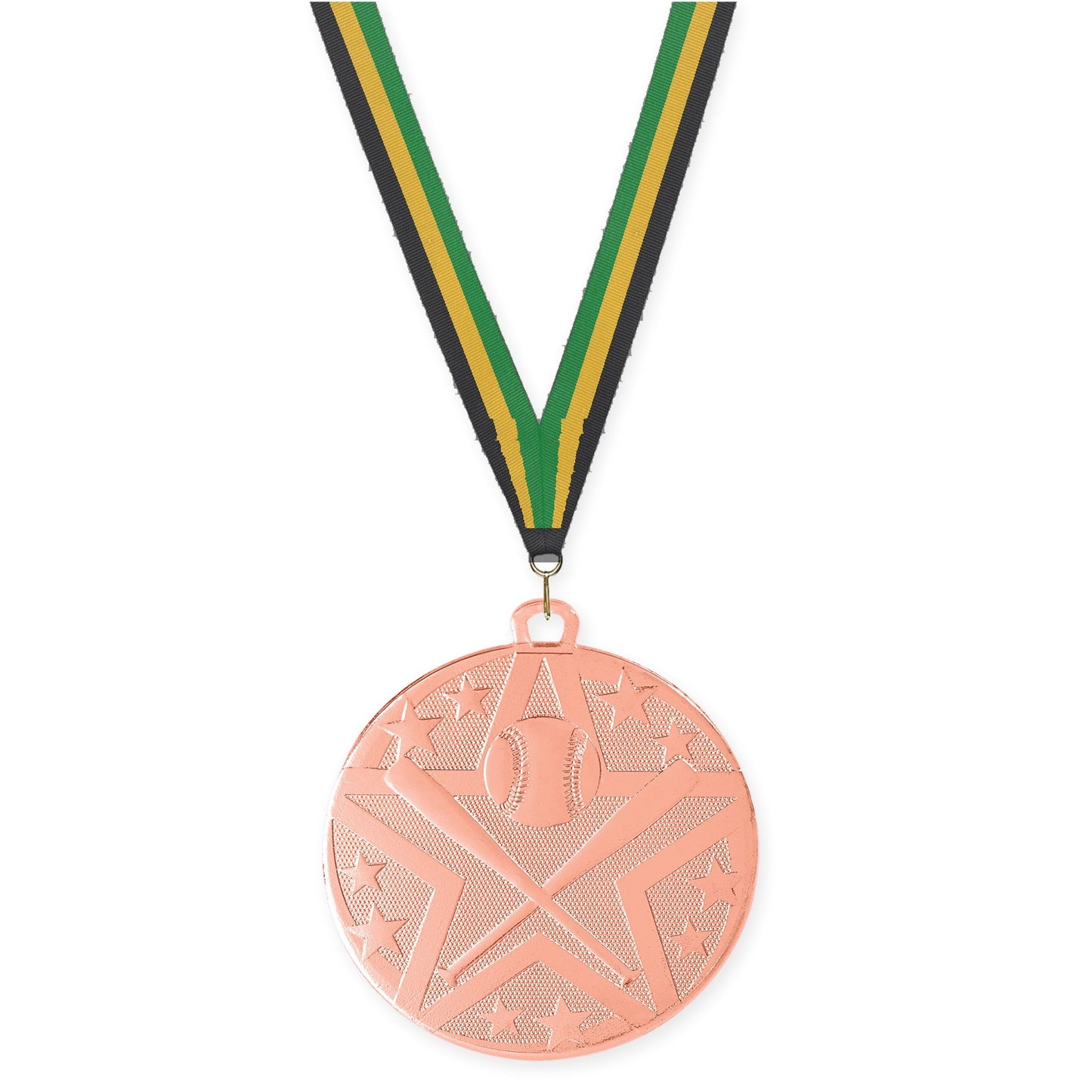 2 inch baseball and softball Superstar medal in bronze with Black Gold Green neck ribbon