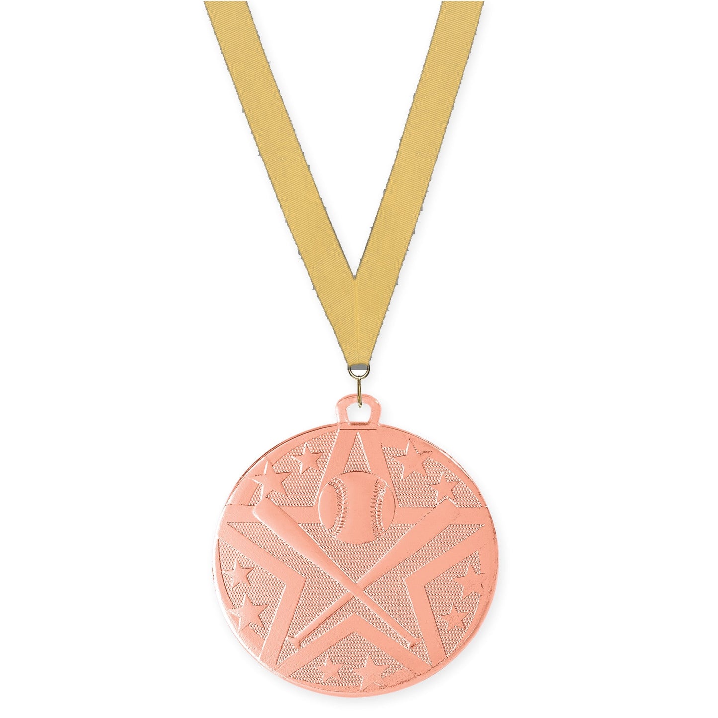 2 inch baseball and softball Superstar medal in bronze with Gold Metallic neck ribbon