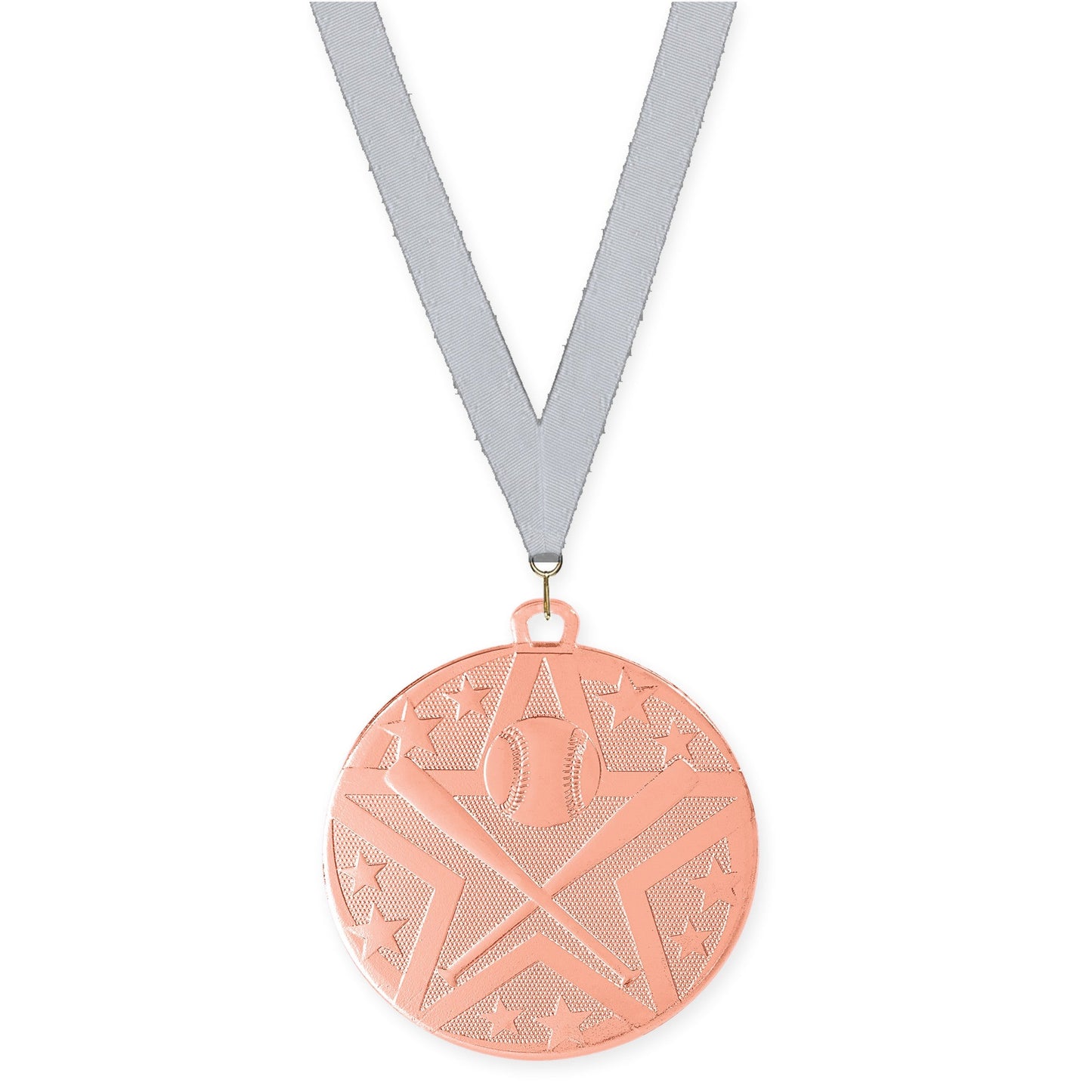 2 inch baseball and softball Superstar medal in bronze with Silver Metallic neck ribbon