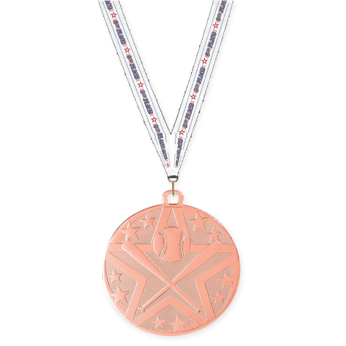 2 inch baseball and softball Superstar medal in bronze with 3rd Place neck ribbon