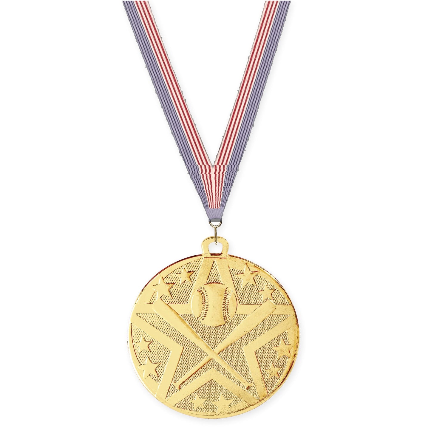 2 inch baseball and softball Superstar medal in gold with USA Flag neck ribbon