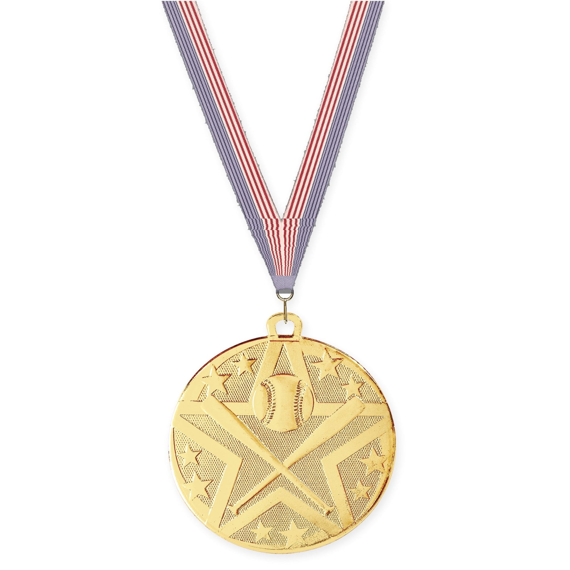 2 inch baseball and softball Superstar medal in gold with USA Flag neck ribbon