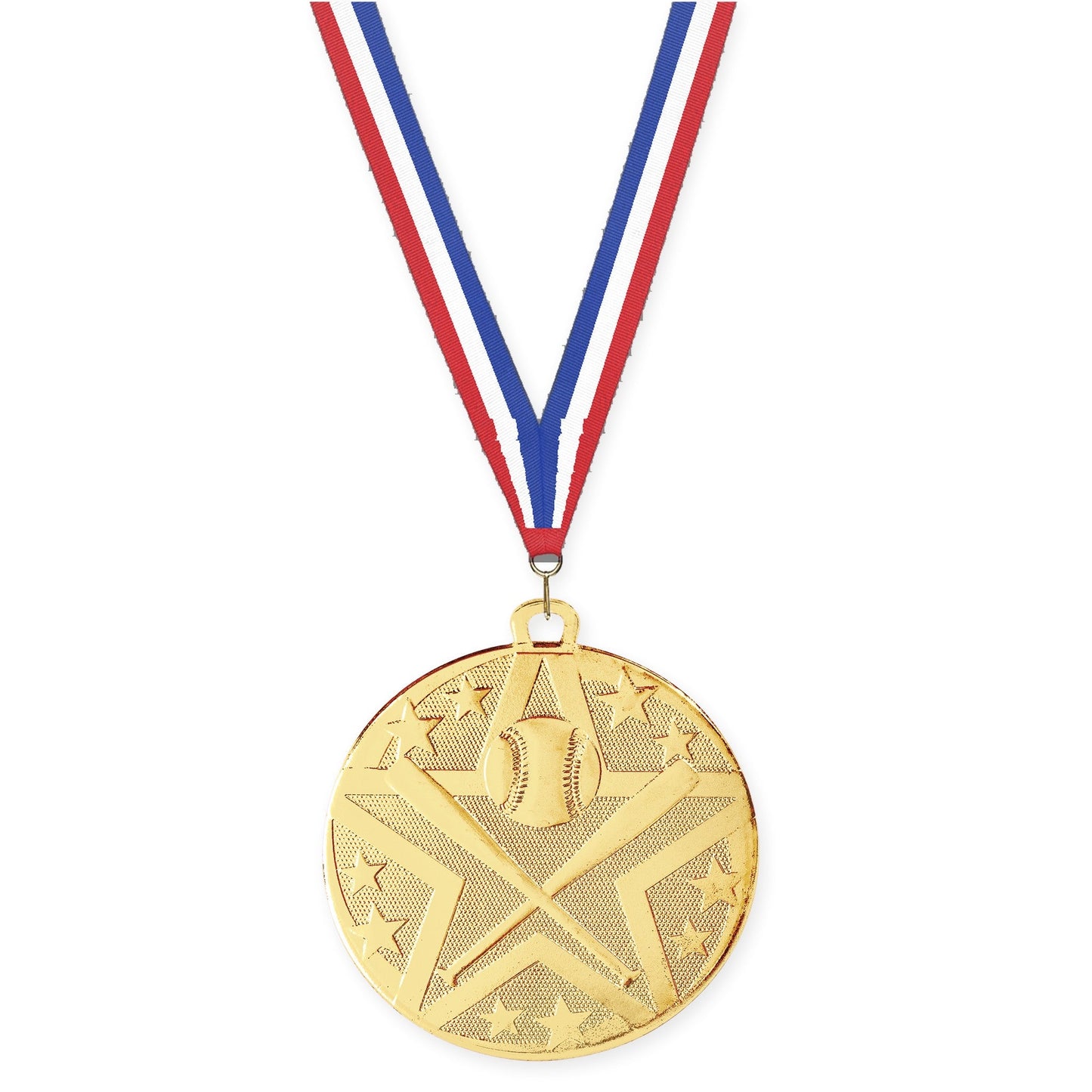 2 inch baseball and softball Superstar medal in gold with Red White Blue neck ribbon