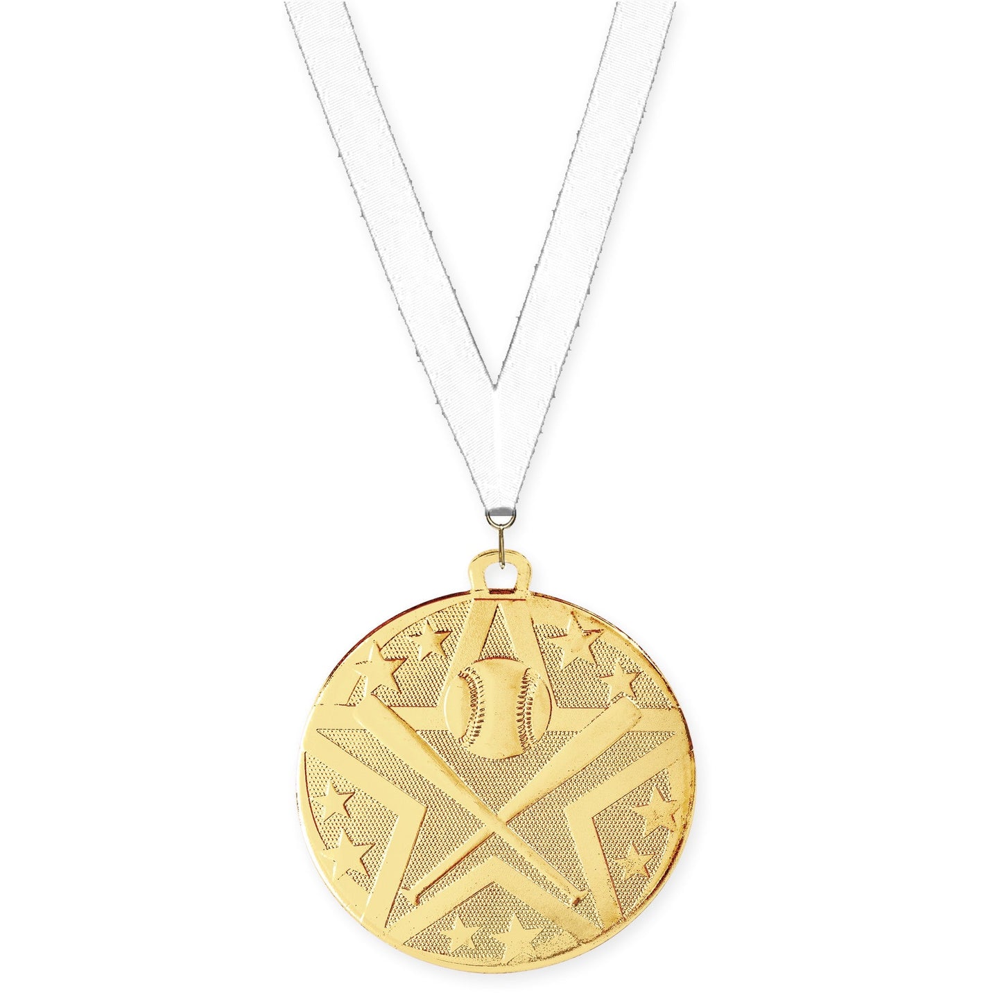 2 inch baseball and softball Superstar medal in gold with White neck ribbon