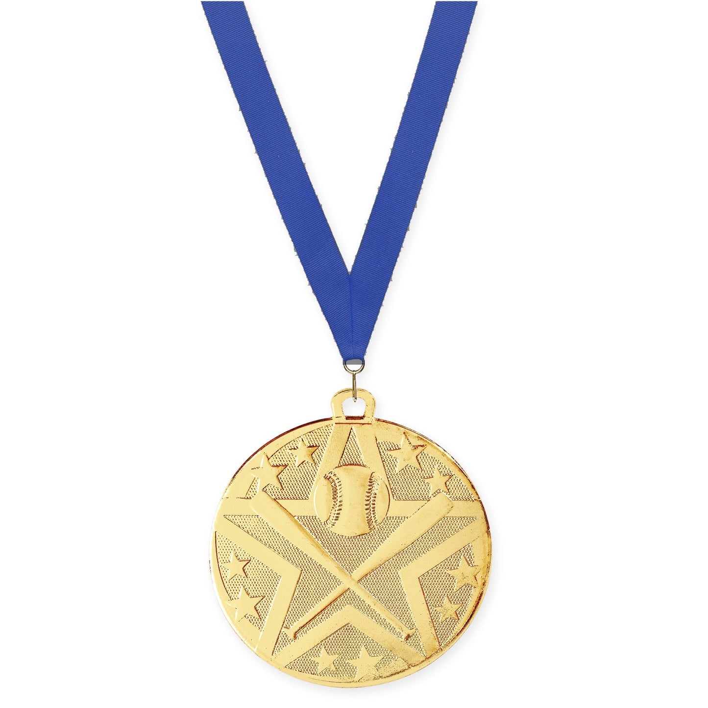 2 inch baseball and softball Superstar medal in gold with Blue neck ribbon