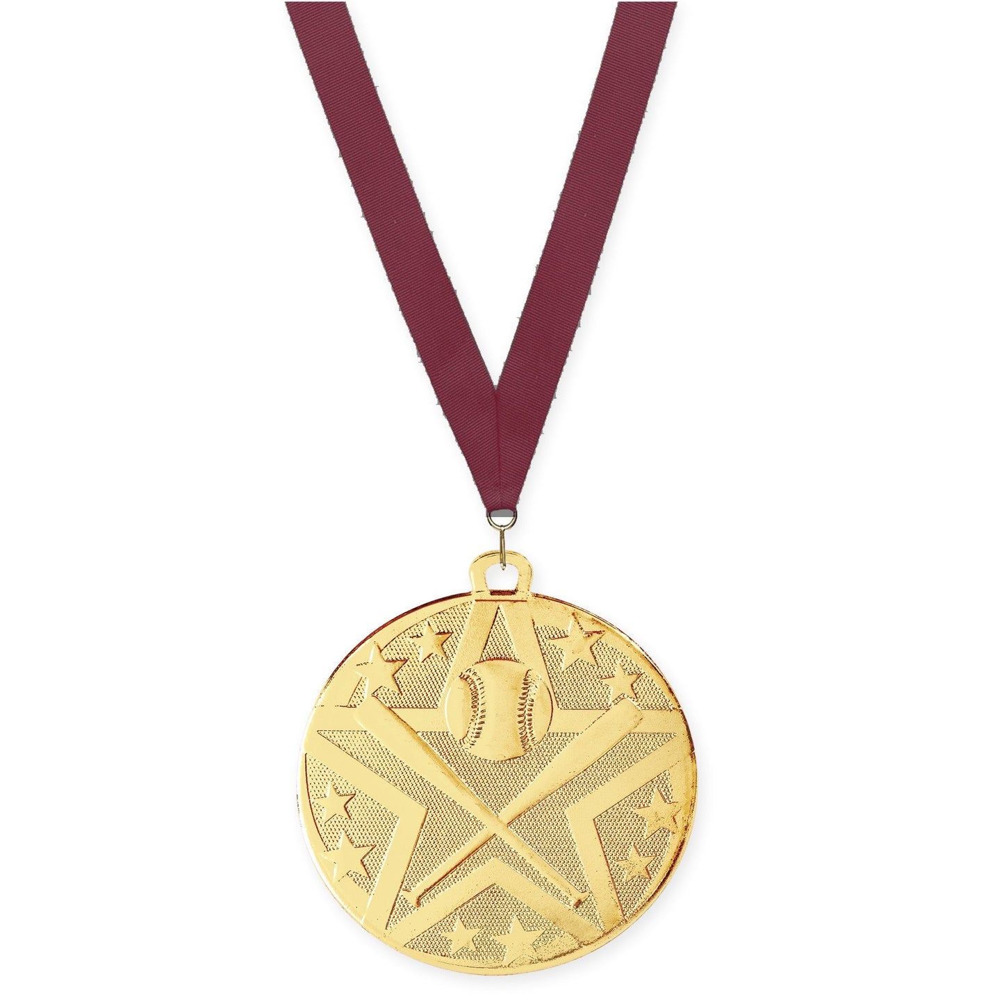 2 inch baseball and softball Superstar medal in gold with Maroon neck ribbon