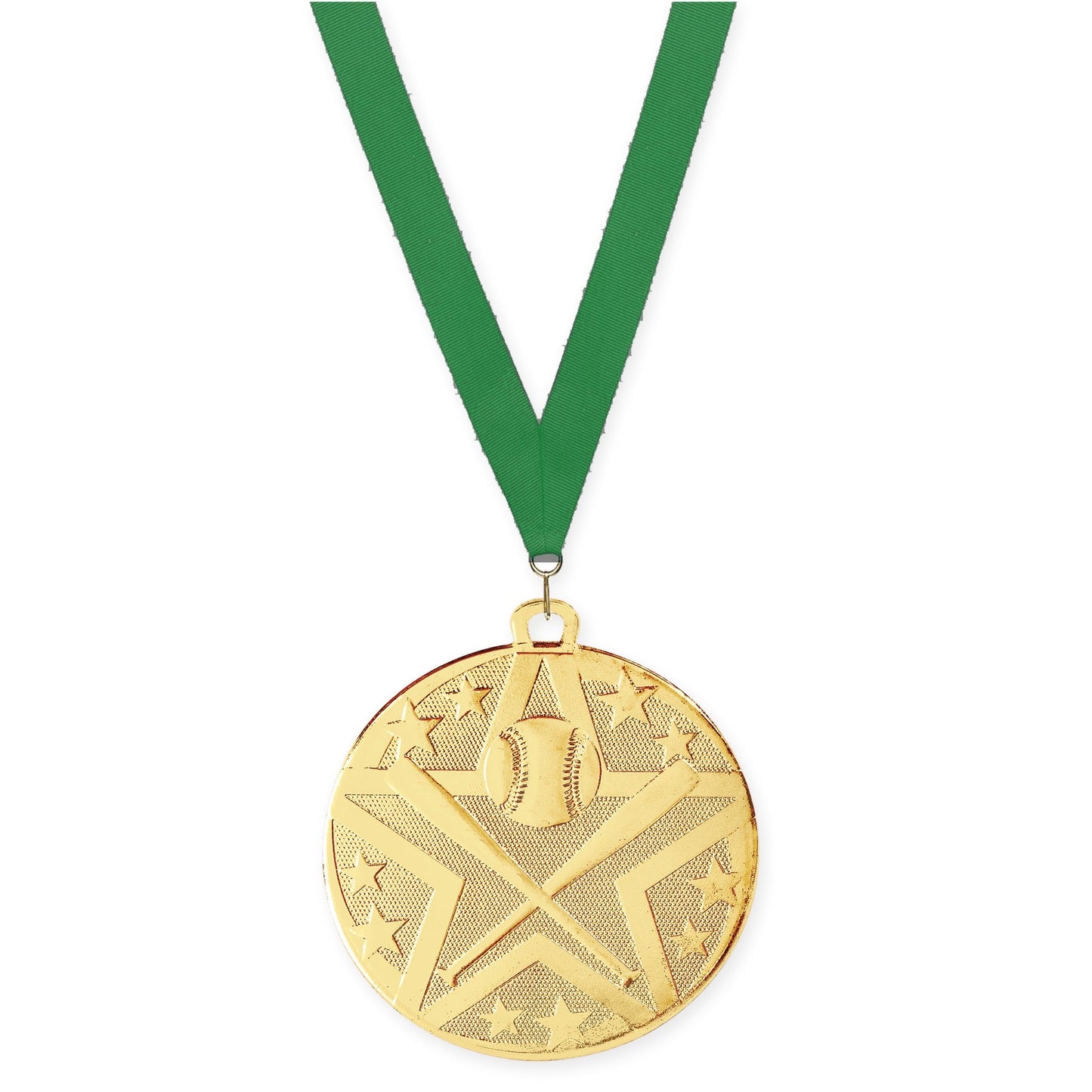 2 inch baseball and softball Superstar medal in gold with Green neck ribbon
