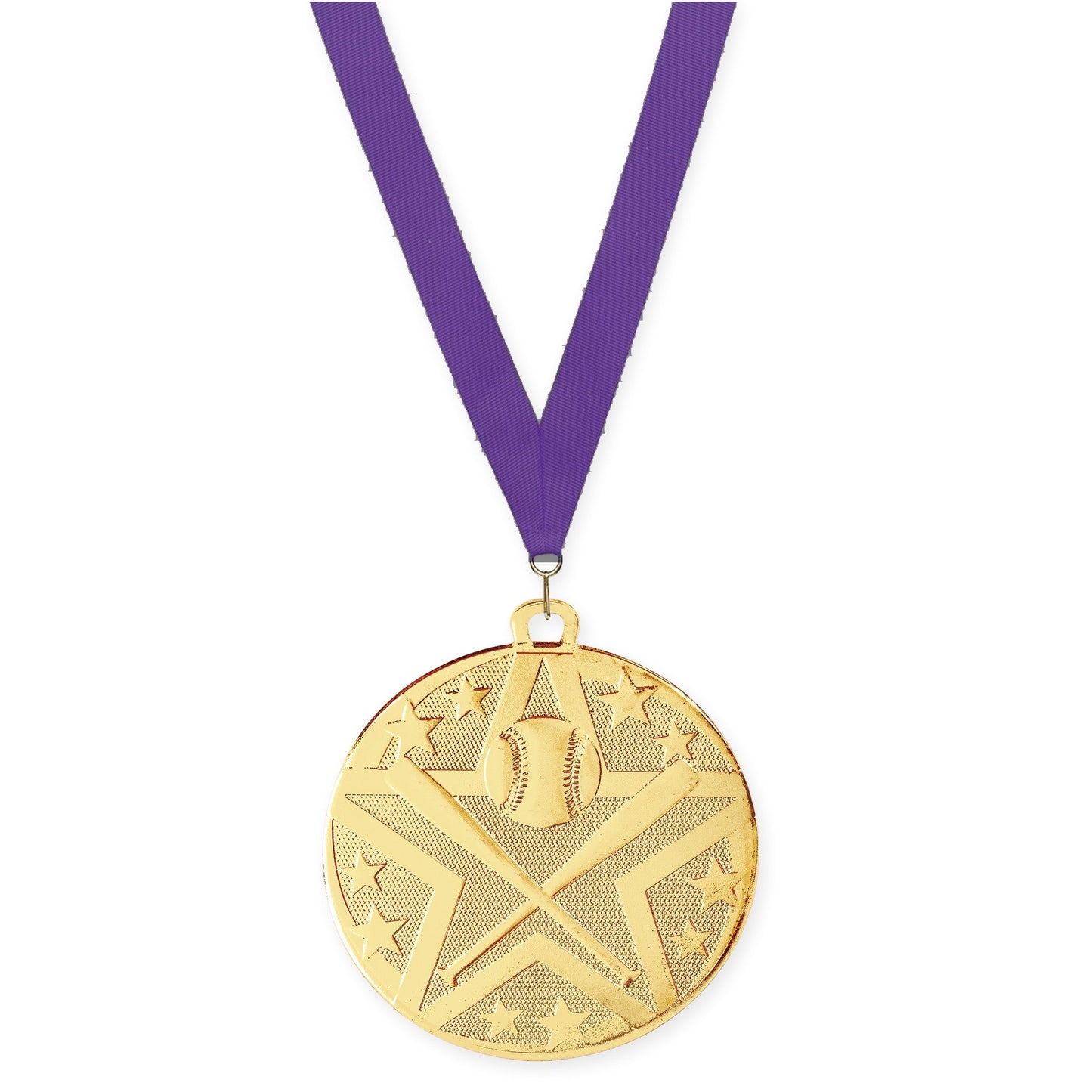 2 inch baseball and softball Superstar medal in gold with Purple neck ribbon