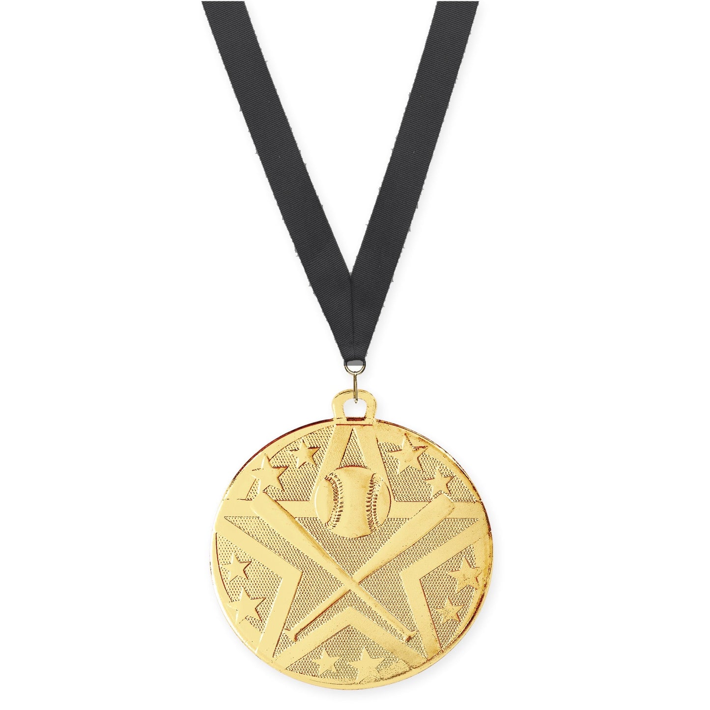 2 inch baseball and softball Superstar medal in gold with Black neck ribbon
