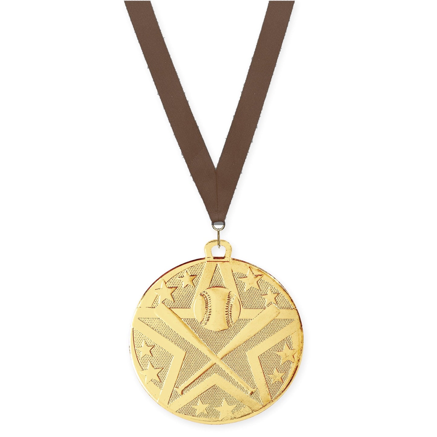 2 inch baseball and softball Superstar medal in gold with Brown neck ribbon