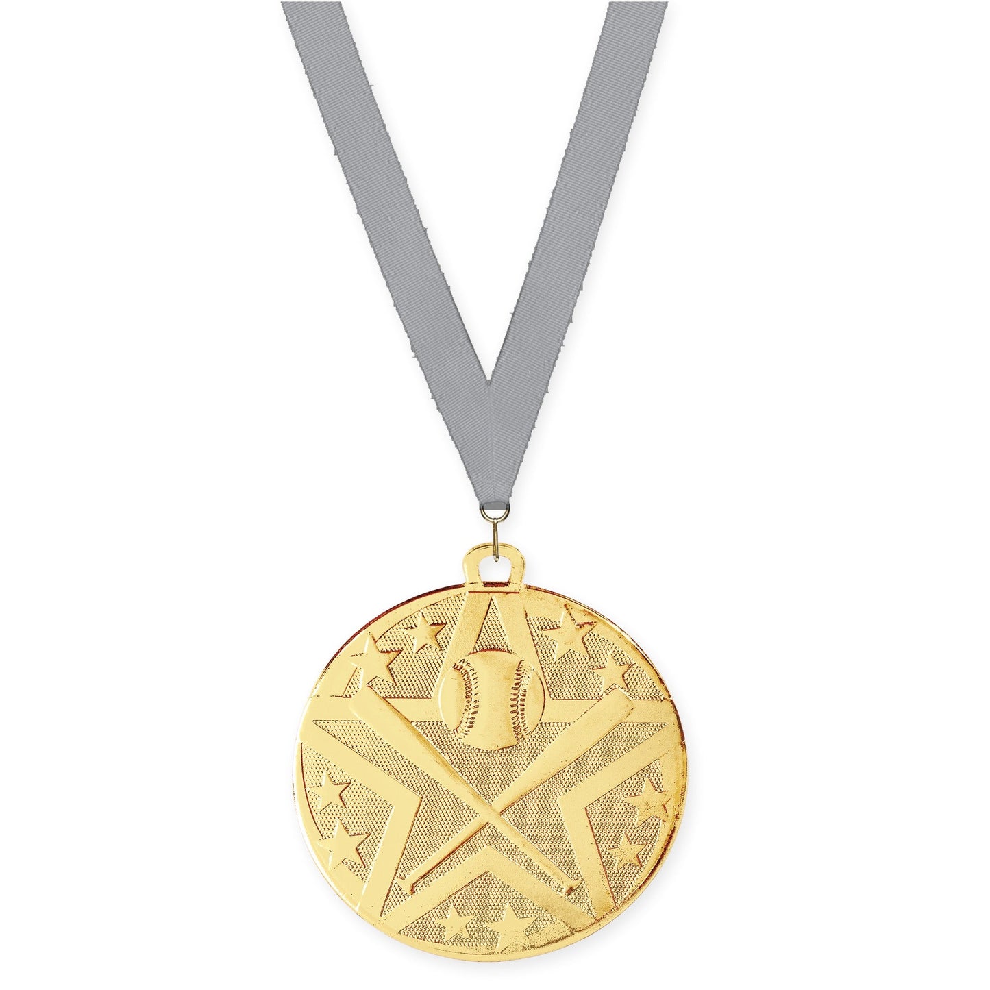 2 inch baseball and softball Superstar medal in gold with Gray neck ribbon