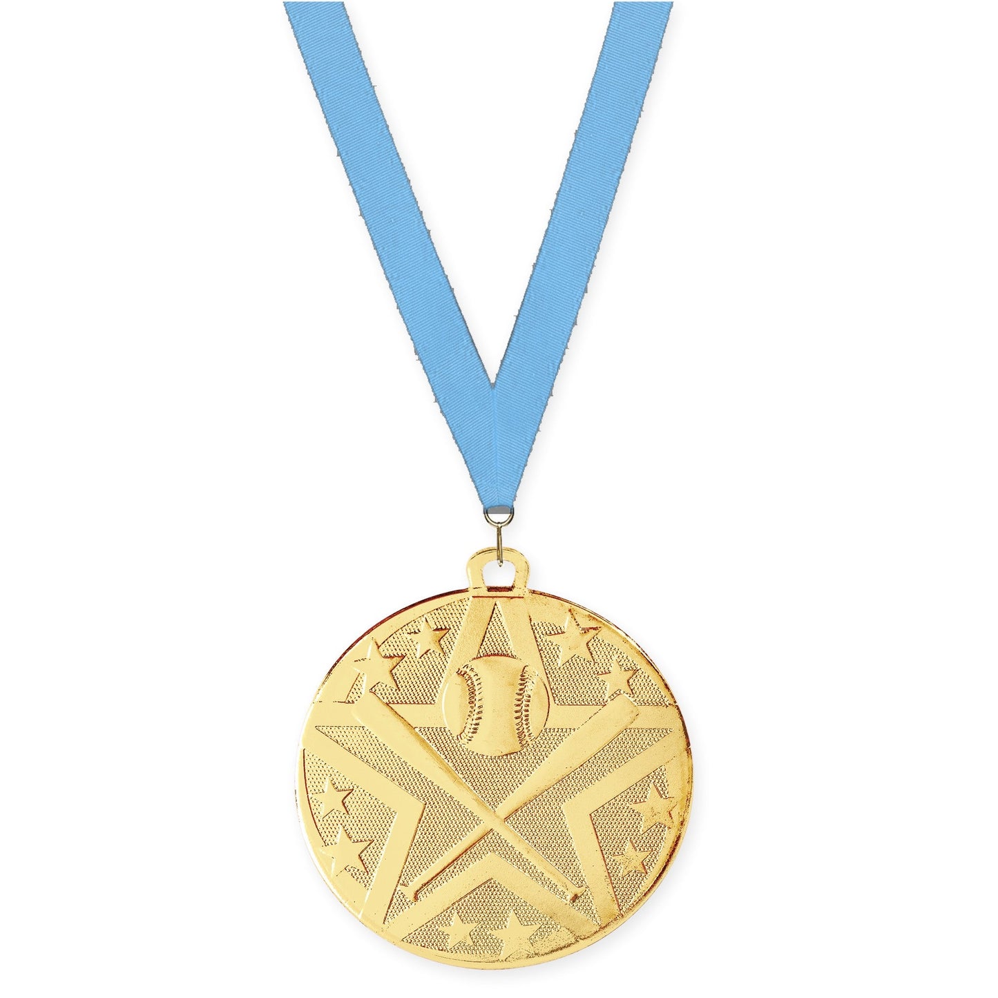 2 inch baseball and softball Superstar medal in gold with Light Blue neck ribbon