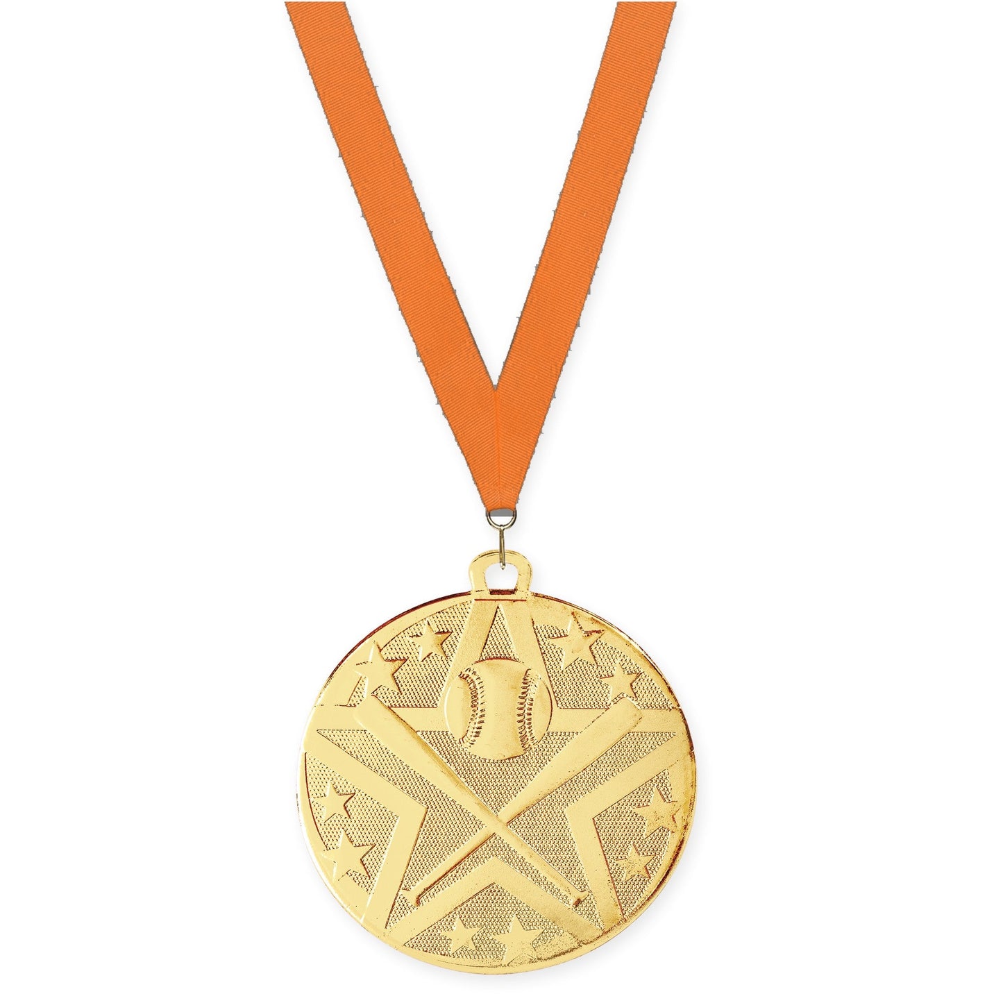 2 inch baseball and softball Superstar medal in gold with Orange neck ribbon