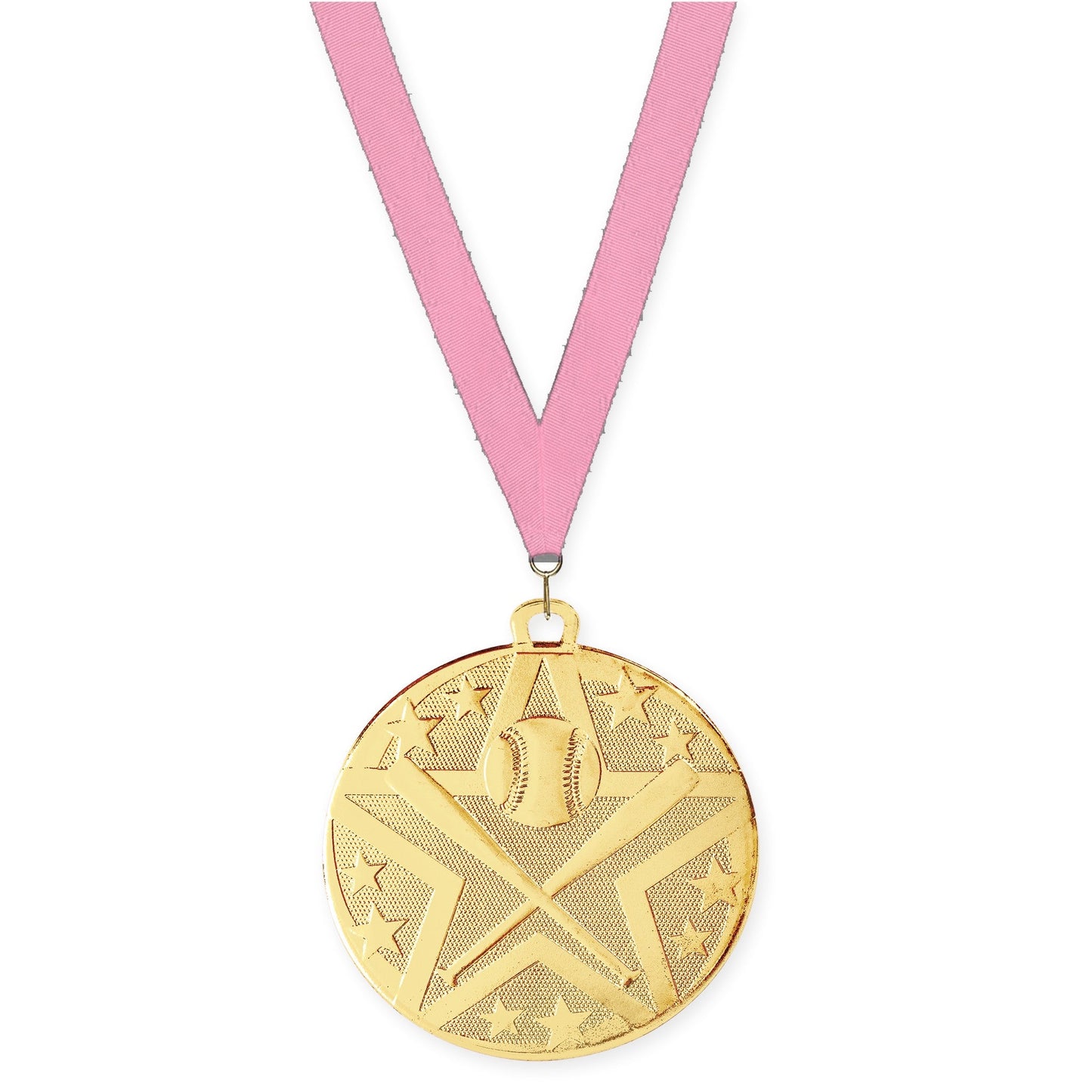 2 inch baseball and softball Superstar medal in gold with Pink neck ribbon
