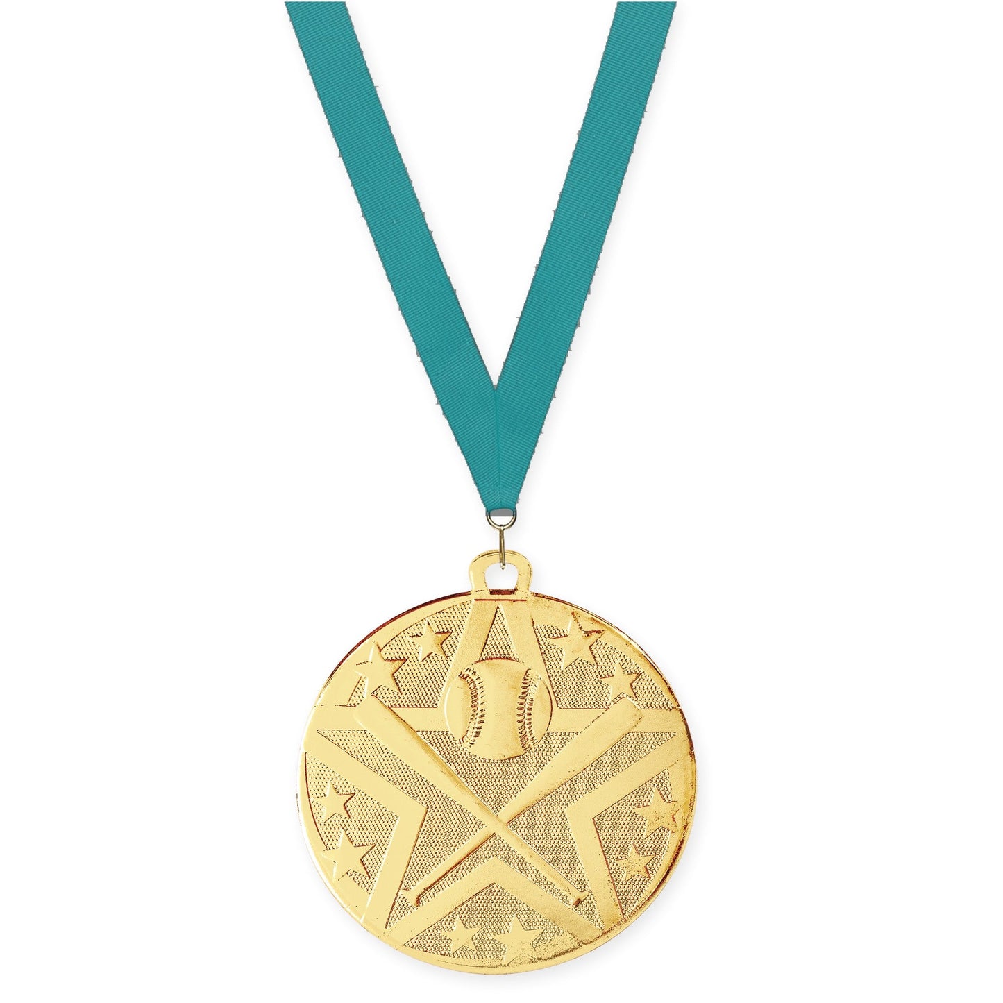2 inch baseball and softball Superstar medal in gold with Teal neck ribbon