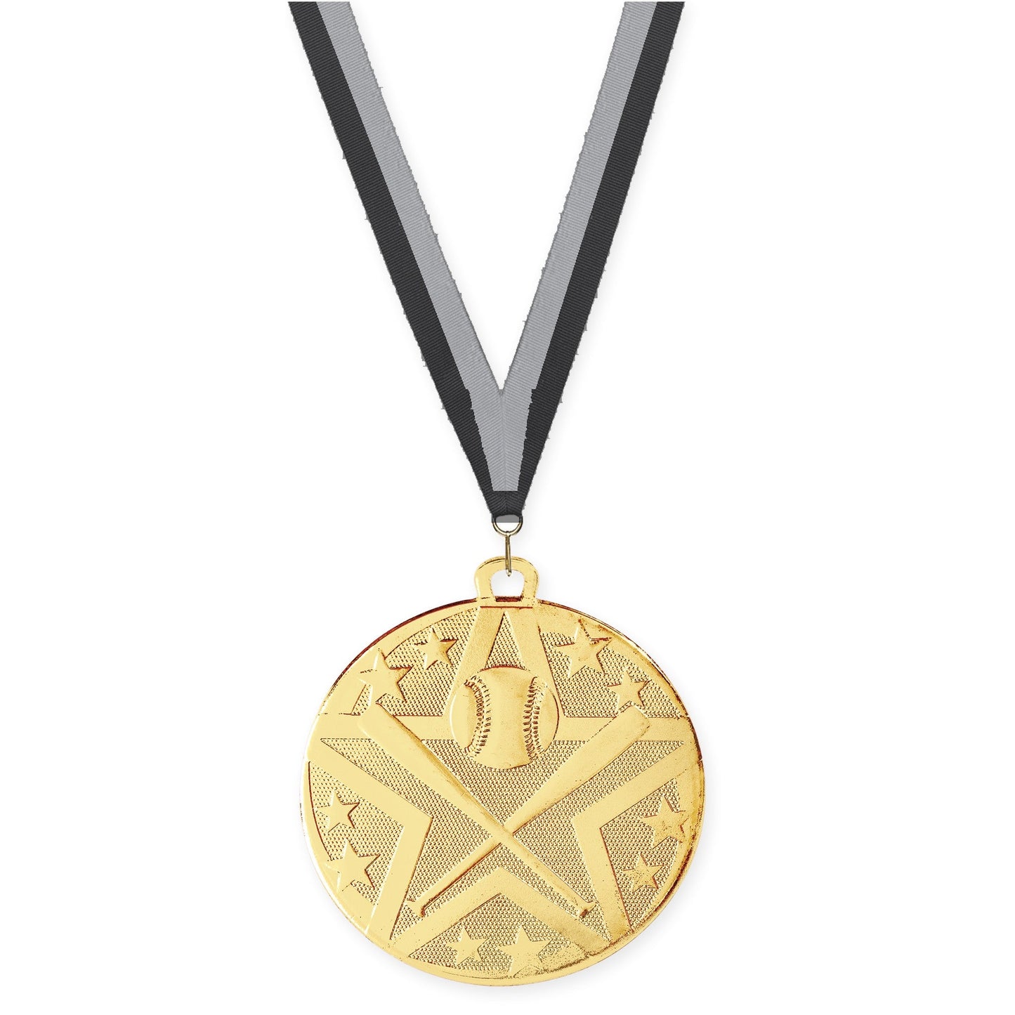 2 inch baseball and softball Superstar medal in gold with Black Gray neck ribbon