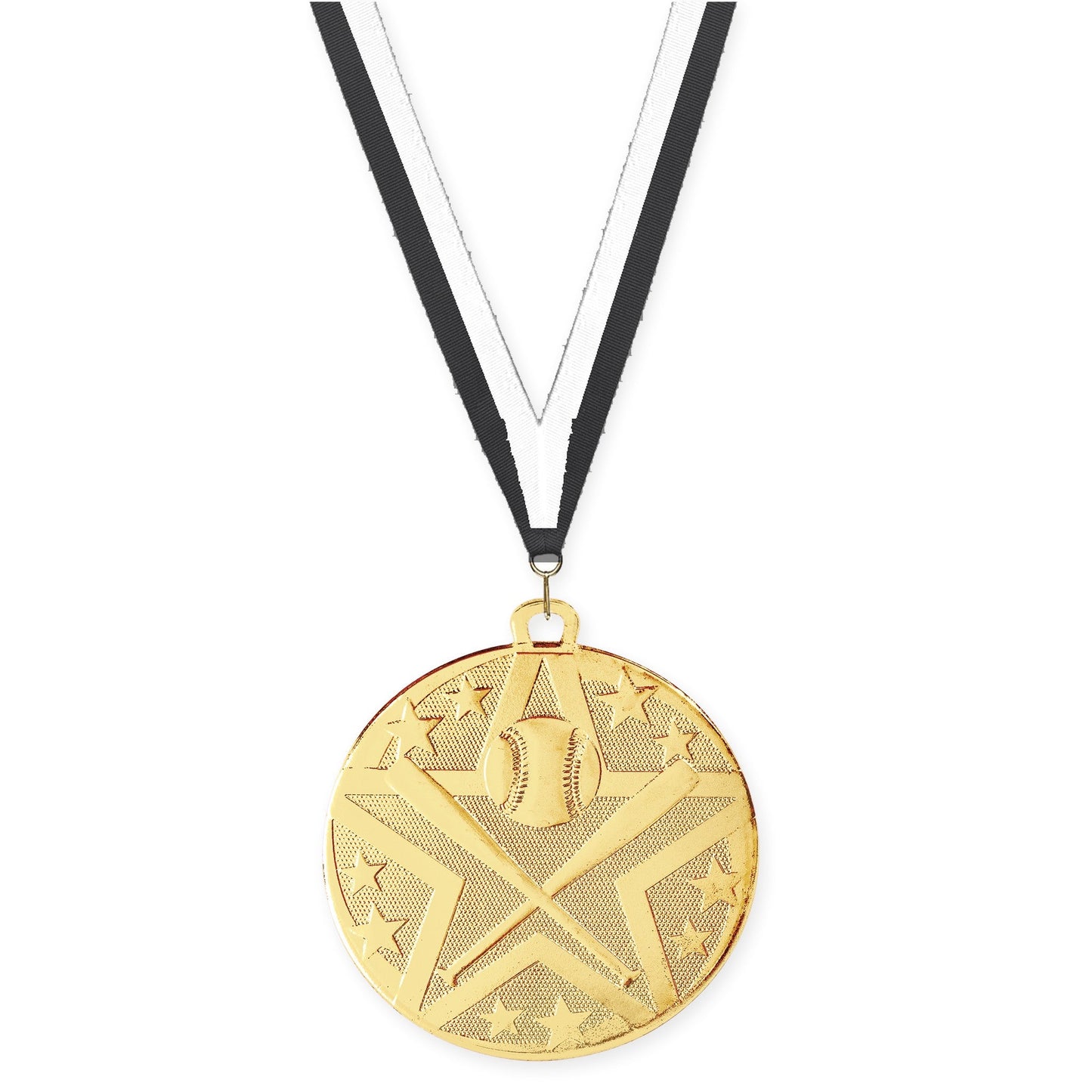 2 inch baseball and softball Superstar medal in gold with Black White neck ribbon