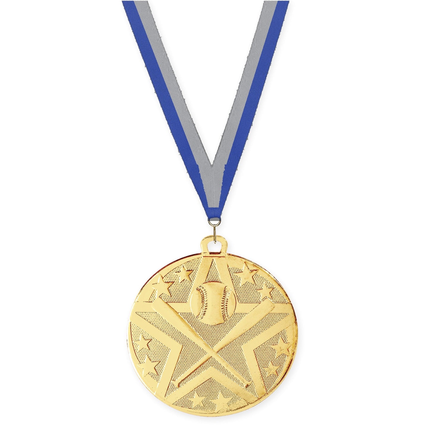 2 inch baseball and softball Superstar medal in gold with Blue Gray neck ribbon