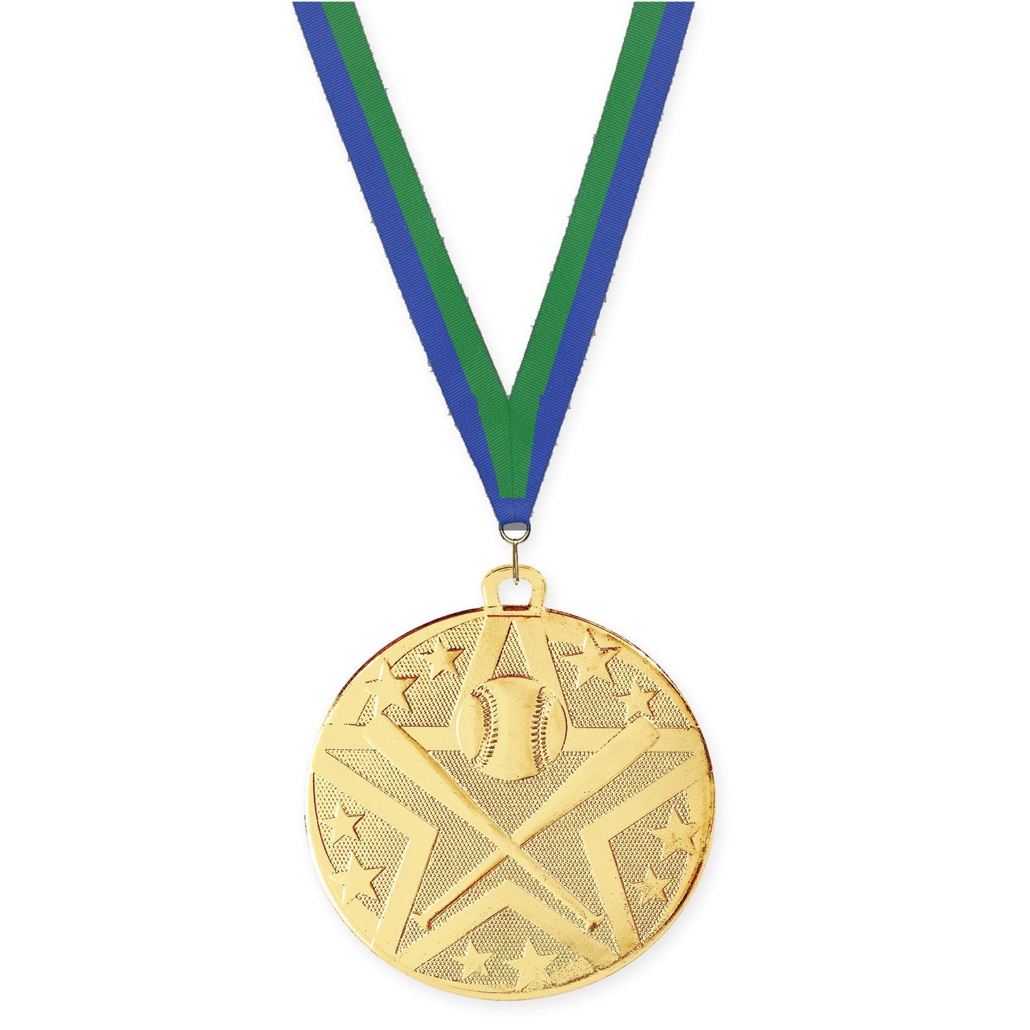 2 inch baseball and softball Superstar medal in gold with Blue Green neck ribbon