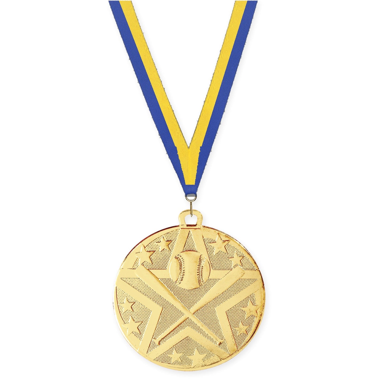 2 inch baseball and softball Superstar medal in gold with Blue Yellow neck ribbon