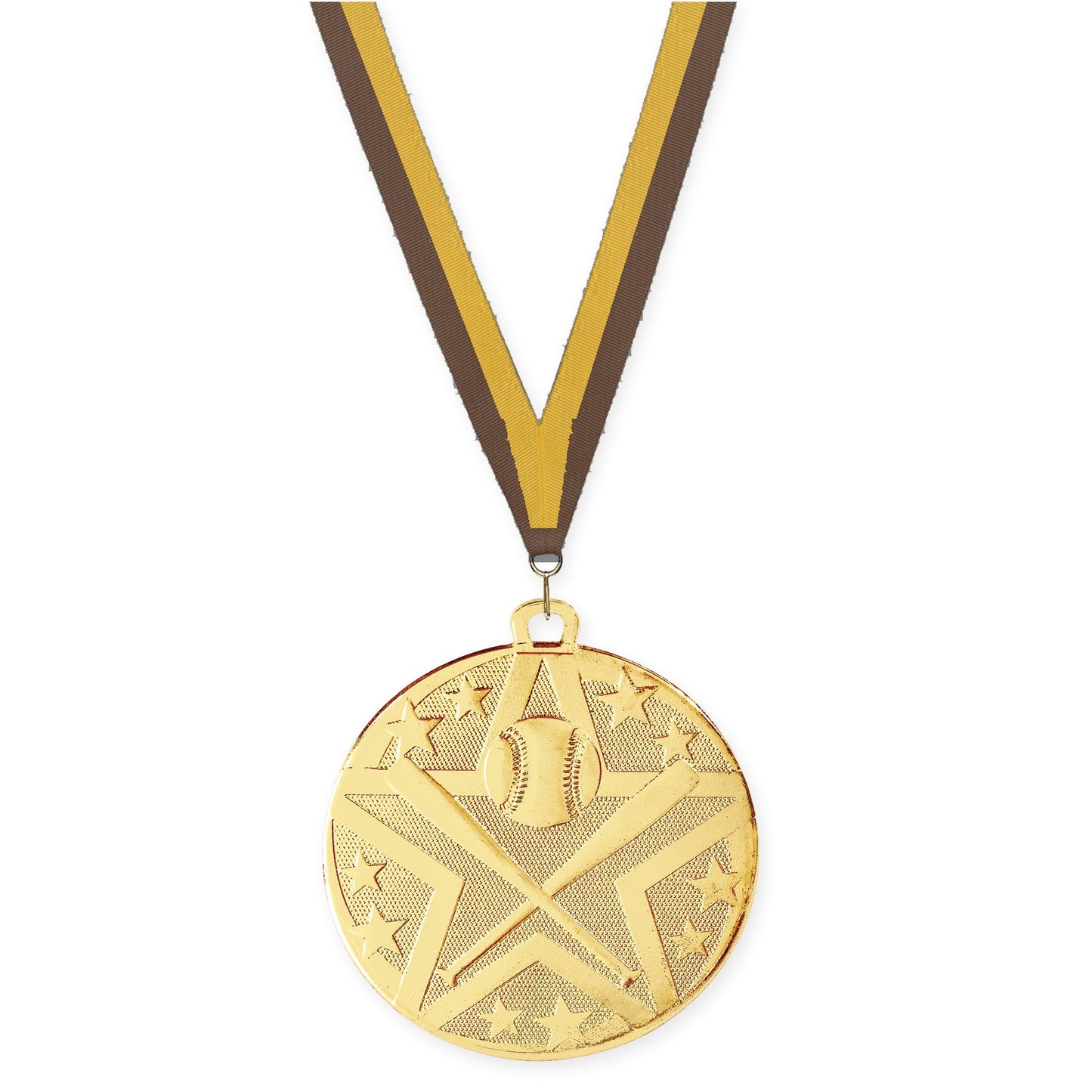 2 inch baseball and softball Superstar medal in gold with Brown Gold neck ribbon