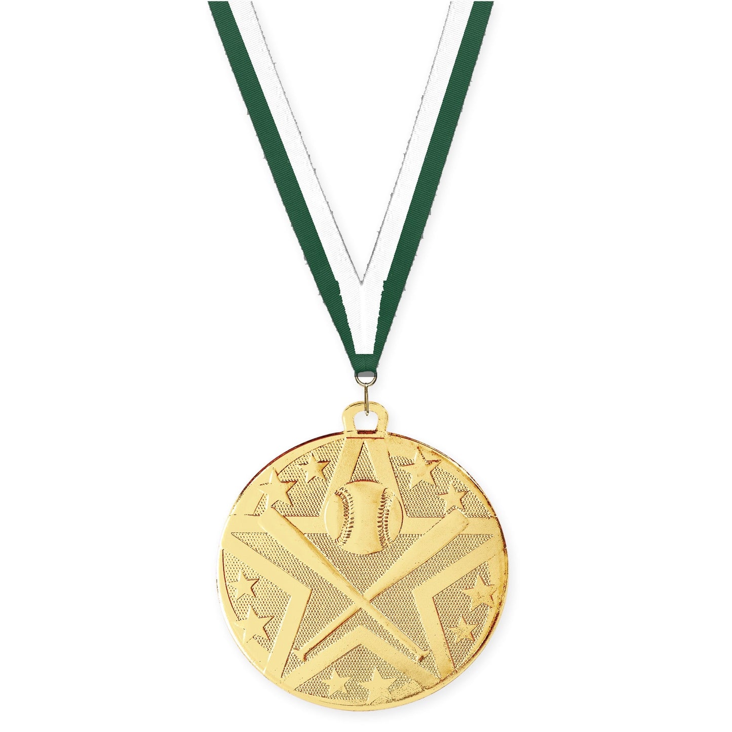 2 inch baseball and softball Superstar medal in gold with Hunter Green White neck ribbon