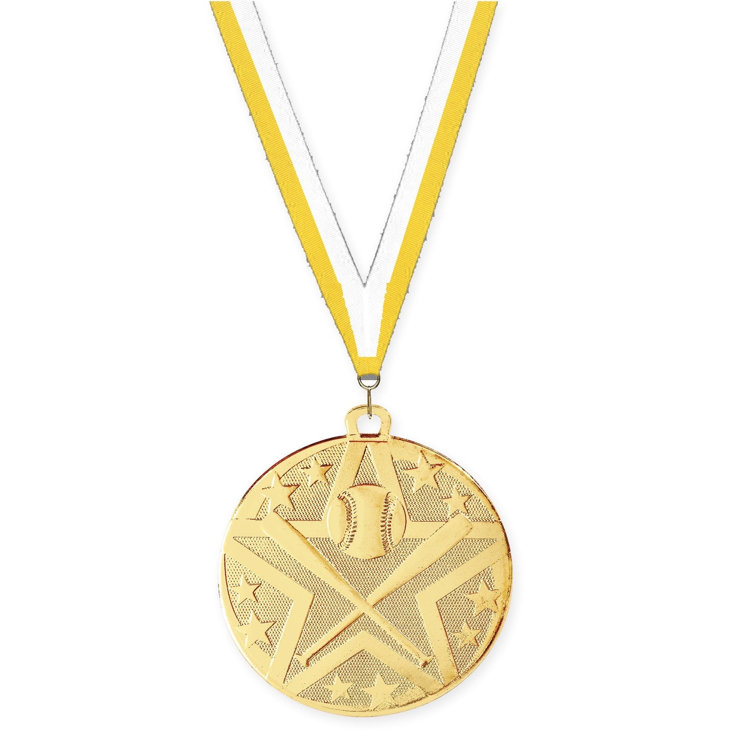 2 inch baseball and softball Superstar medal in gold with Yellow White neck ribbon