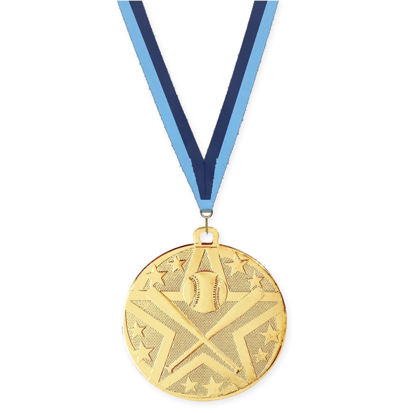 2 inch baseball and softball Superstar medal in gold with Light Blue Navy neck ribbon