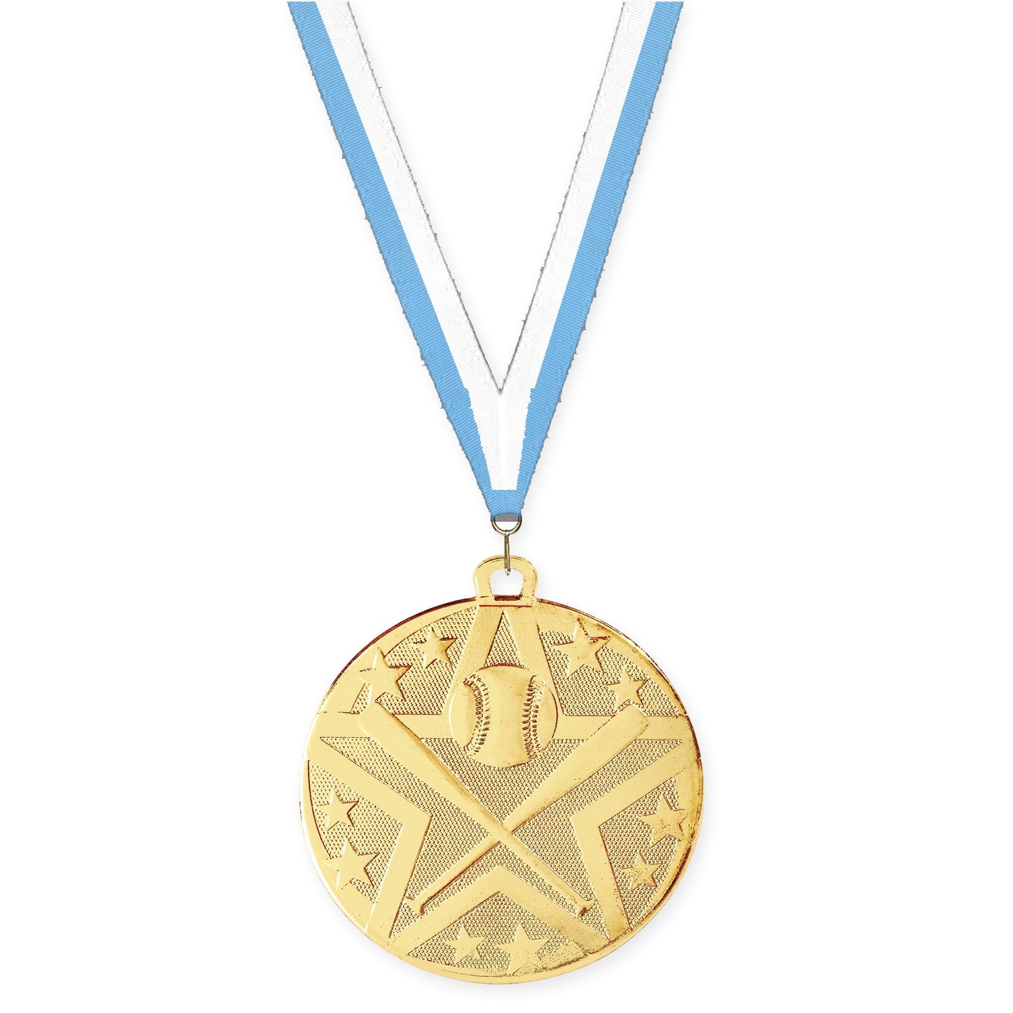 2 inch baseball and softball Superstar medal in gold with Light Blue White neck ribbon