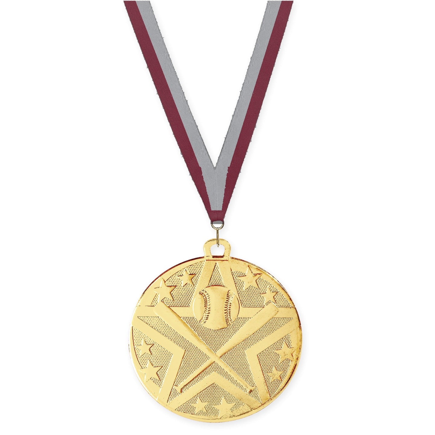 2 inch baseball and softball Superstar medal in gold with Maroon Gray neck ribbon