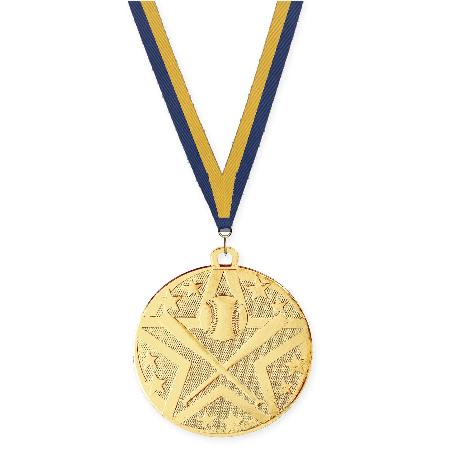 2 inch baseball and softball Superstar medal in gold with Navy Gold neck ribbon