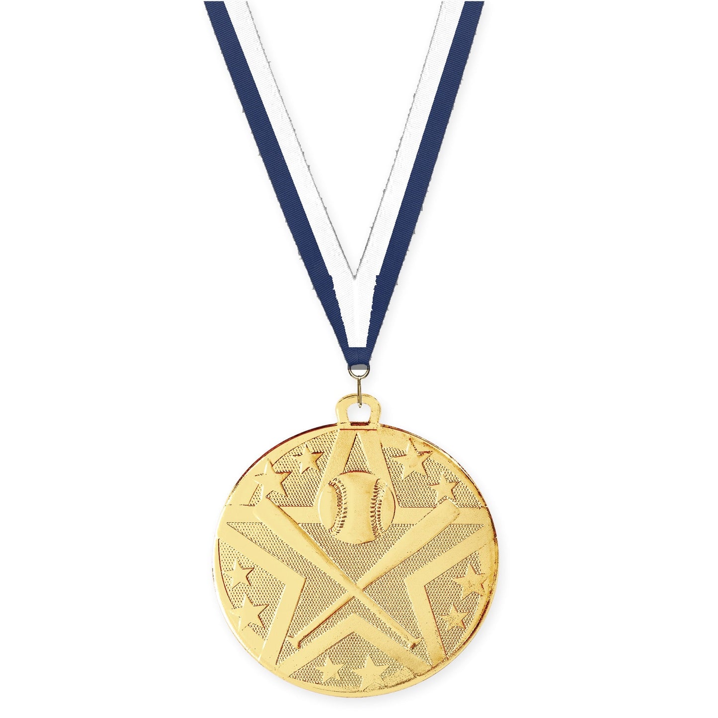 2 inch baseball and softball Superstar medal in gold with Navy White neck ribbon