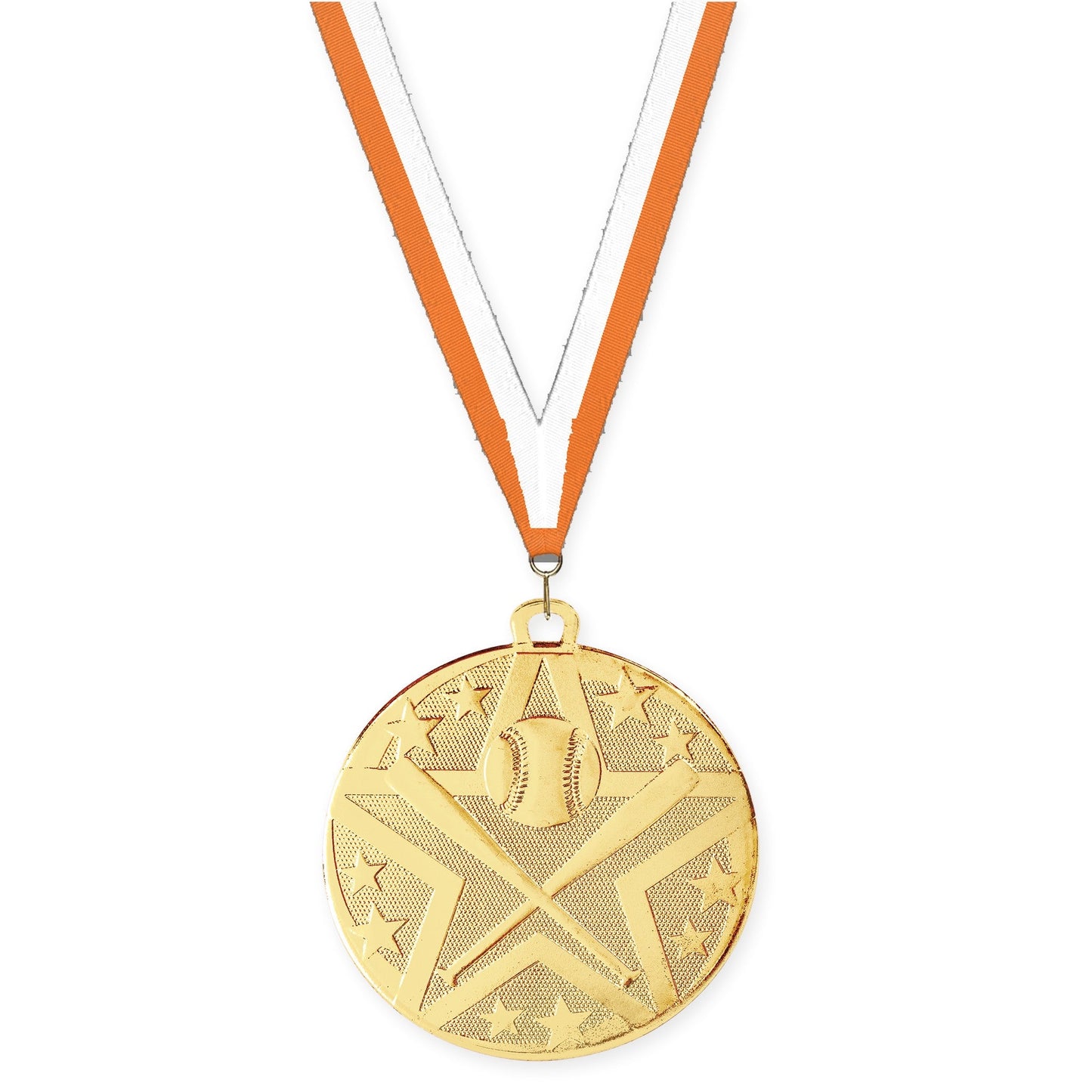 2 inch baseball and softball Superstar medal in gold with Orange White neck ribbon