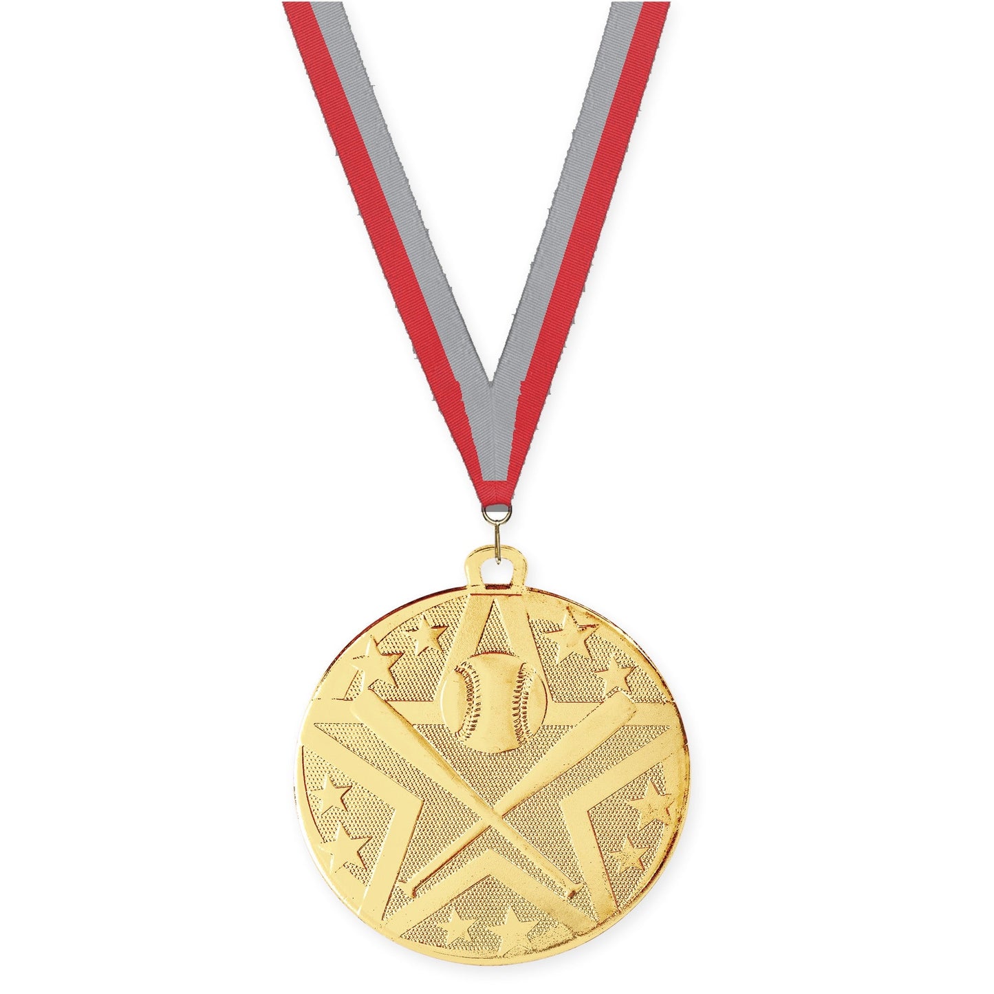 2 inch baseball and softball Superstar medal in gold with Red Gray neck ribbon