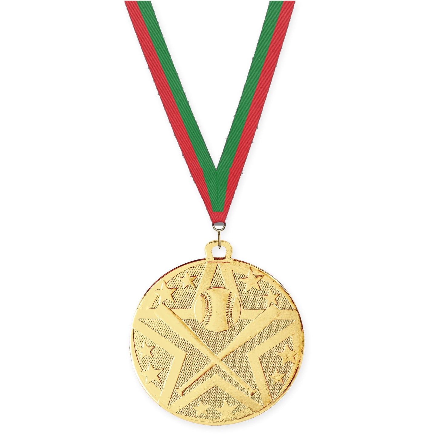 2 inch baseball and softball Superstar medal in gold with Red Green neck ribbon