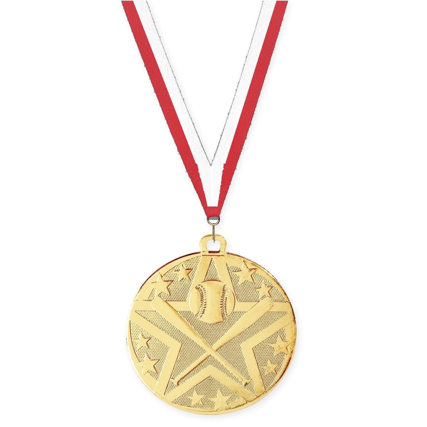 2 inch baseball and softball Superstar medal in gold with Red White neck ribbon