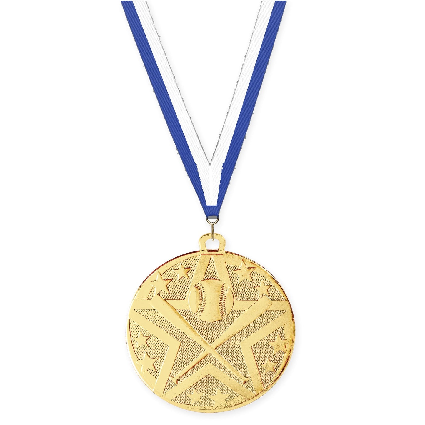 2 inch baseball and softball Superstar medal in gold with Blue White neck ribbon