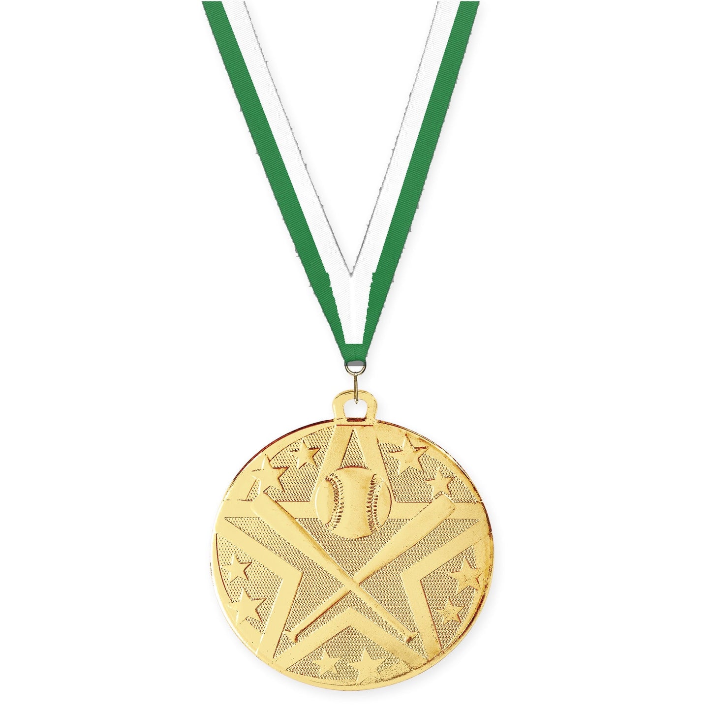 2 inch baseball and softball Superstar medal in gold with Green White neck ribbon