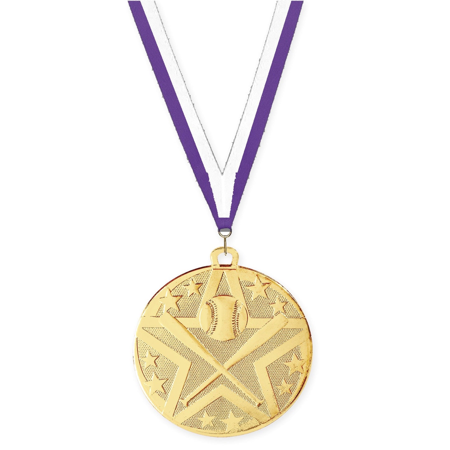 2 inch baseball and softball Superstar medal in gold with Purple White neck ribbon