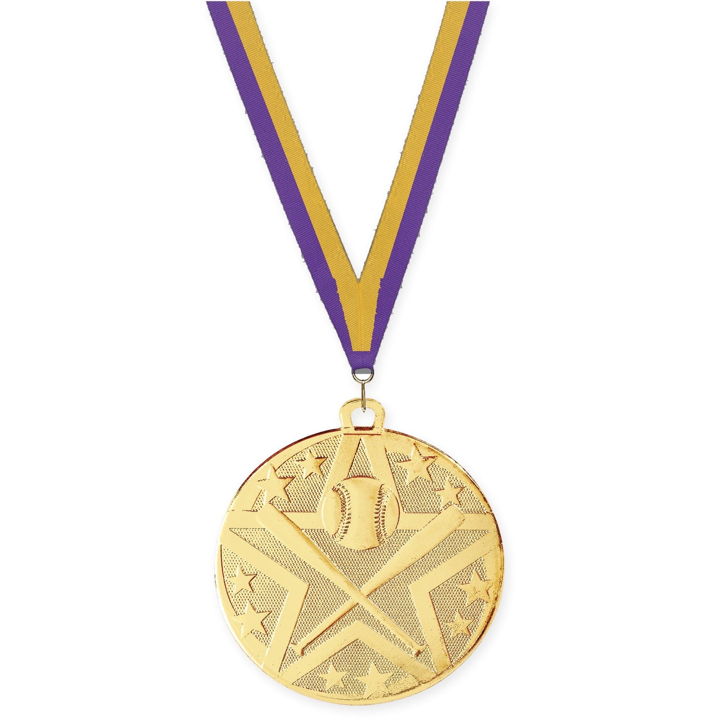 2 inch baseball and softball Superstar medal in gold with Purple Gold neck ribbon