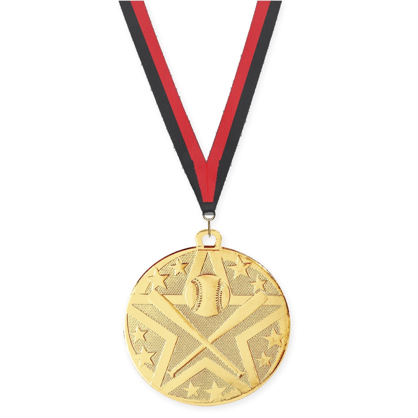 2 inch baseball and softball Superstar medal in gold with Black Red neck ribbon