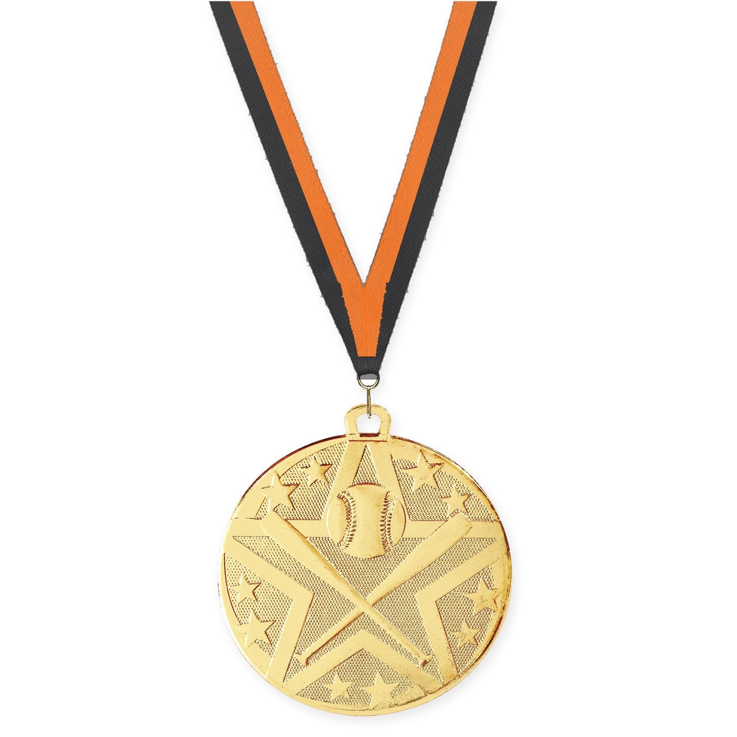 2 inch baseball and softball Superstar medal in gold with Black Orange neck ribbon