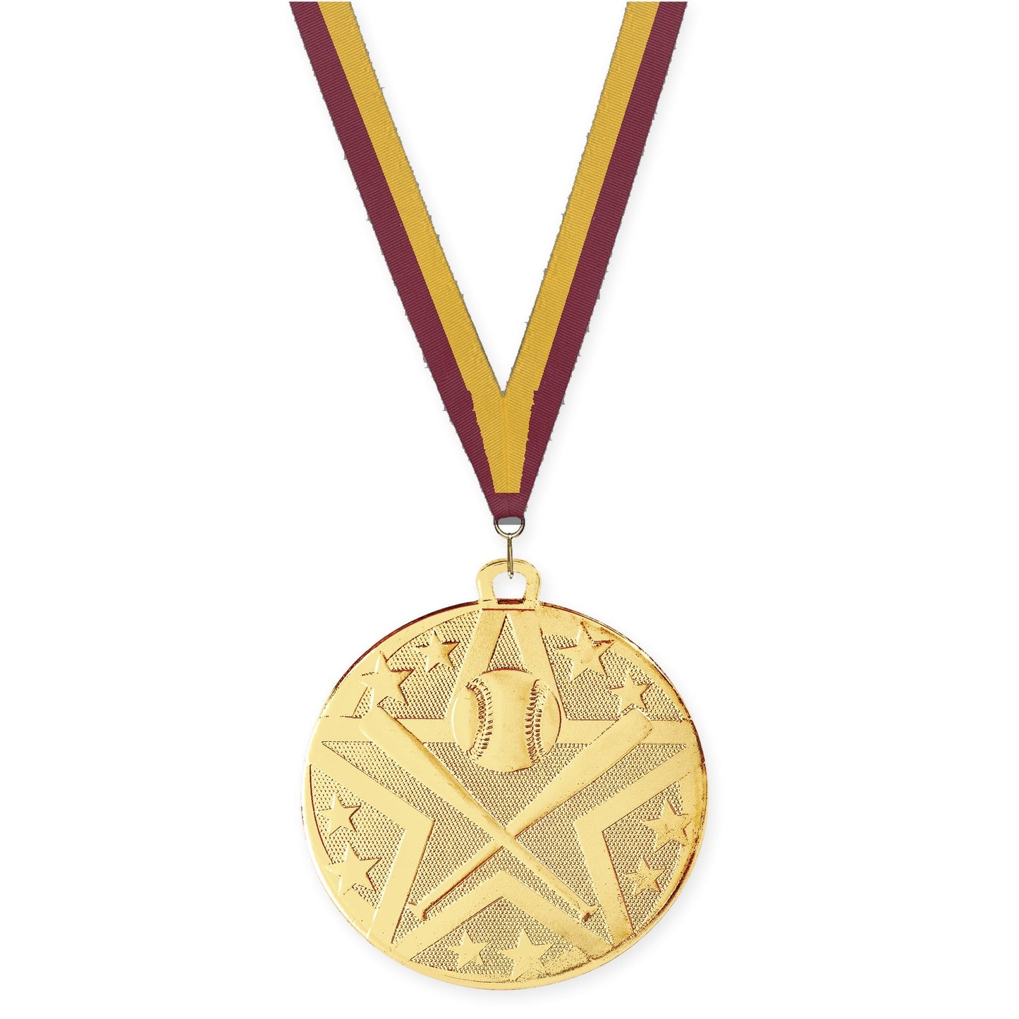 2 inch baseball and softball Superstar medal in gold with Maroon Gold neck ribbon