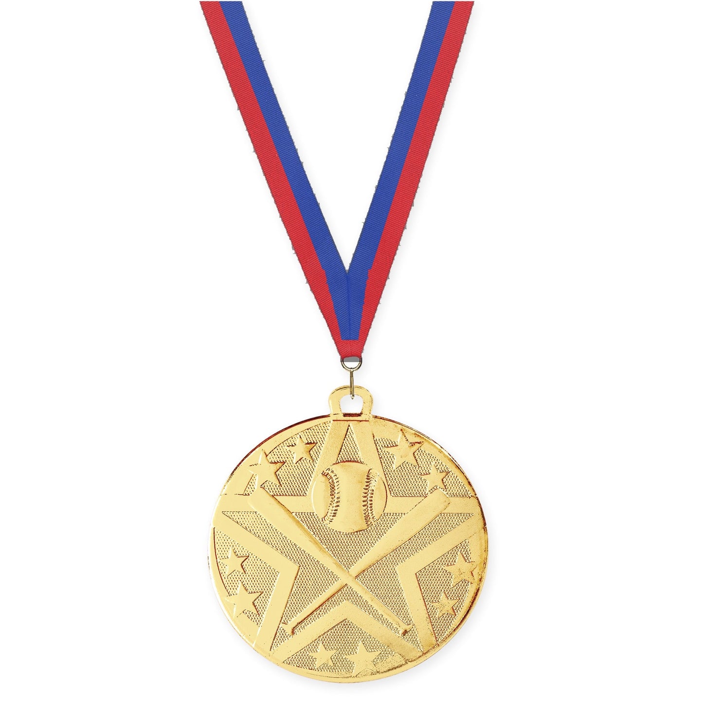 2 inch baseball and softball Superstar medal in gold with Blue Red neck ribbon