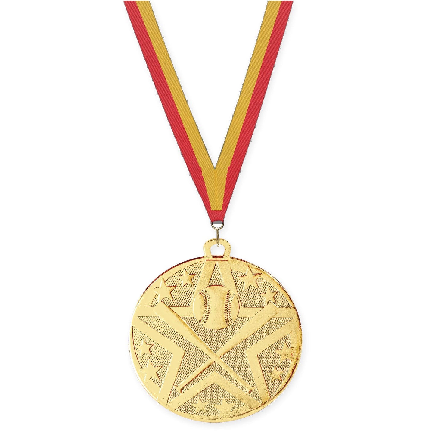 2 inch baseball and softball Superstar medal in gold with Red Gold neck ribbon